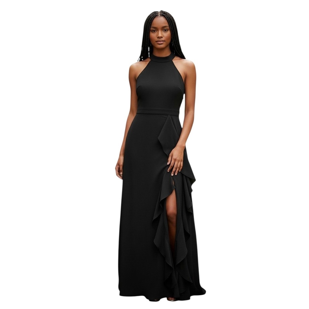 Woosea Black High Neck Halter Ruffle Front Maxi Evening Gown Dress XL Y